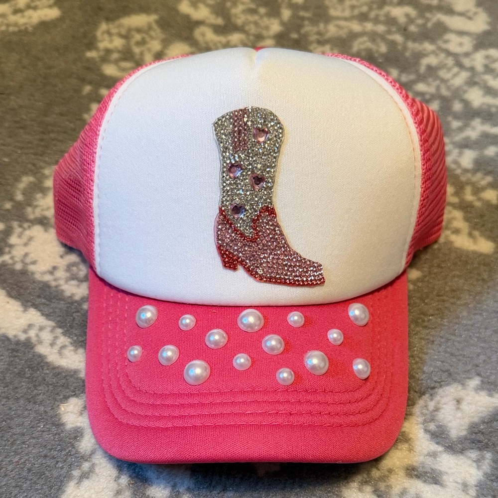 Pink and White Trucker Hat with Rhinestone Boot